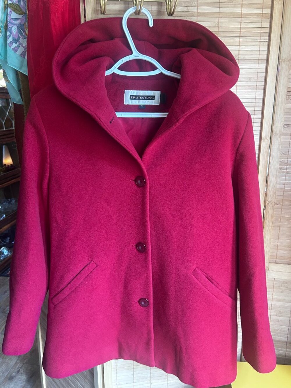 Womens red hooded wool blend coat